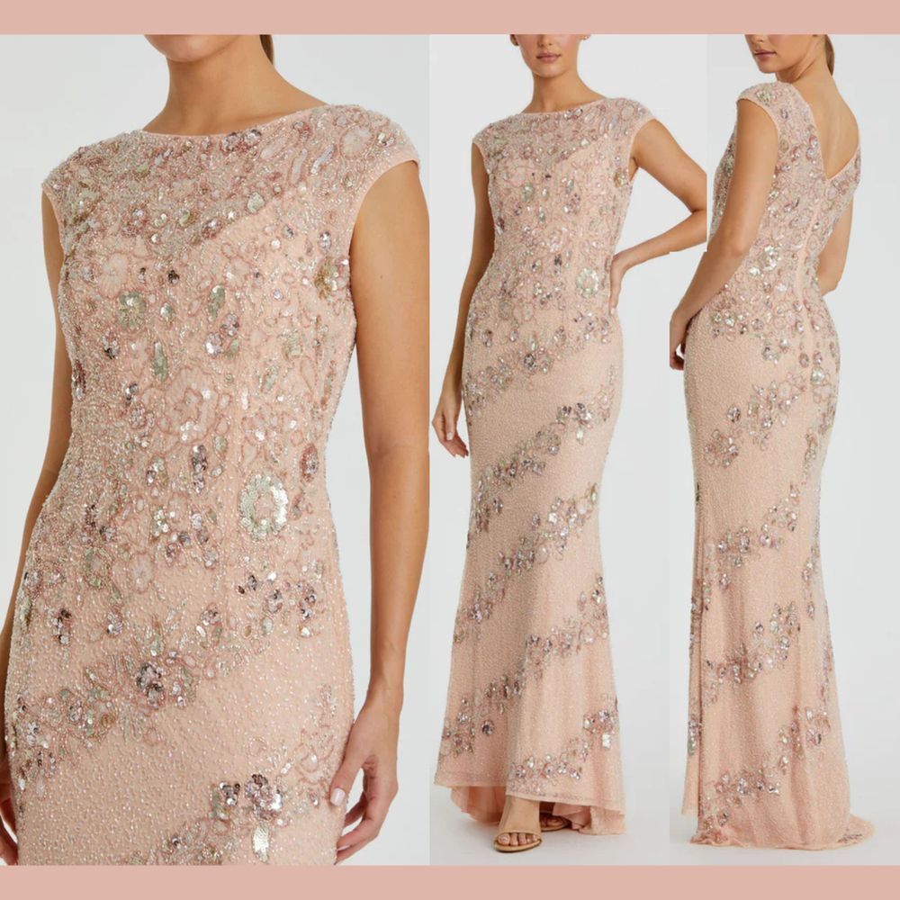 NWT MAC DUGGAL [ 12 ] 5500 Embellished Bateau Neck Cap Sleeve Gown Nude #S1634‎